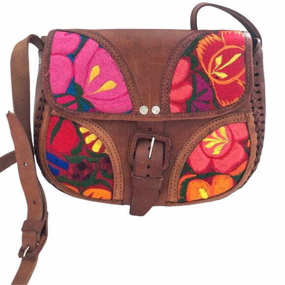 Hand Crafted Handbags - Handmade Floral Embroidered Leather Crossbody Bag